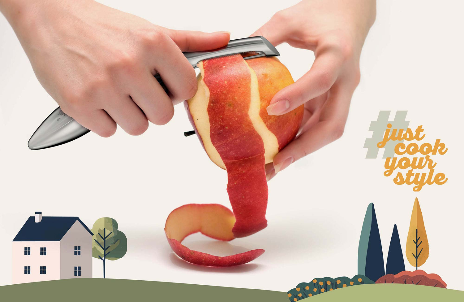 Apfel wird mit dem kjøk Sparschäler aus Edelstahl geschält – präzise Verarbeitung, modernes Design und nachhaltige Küchenfreude mit #justcookyourstyle