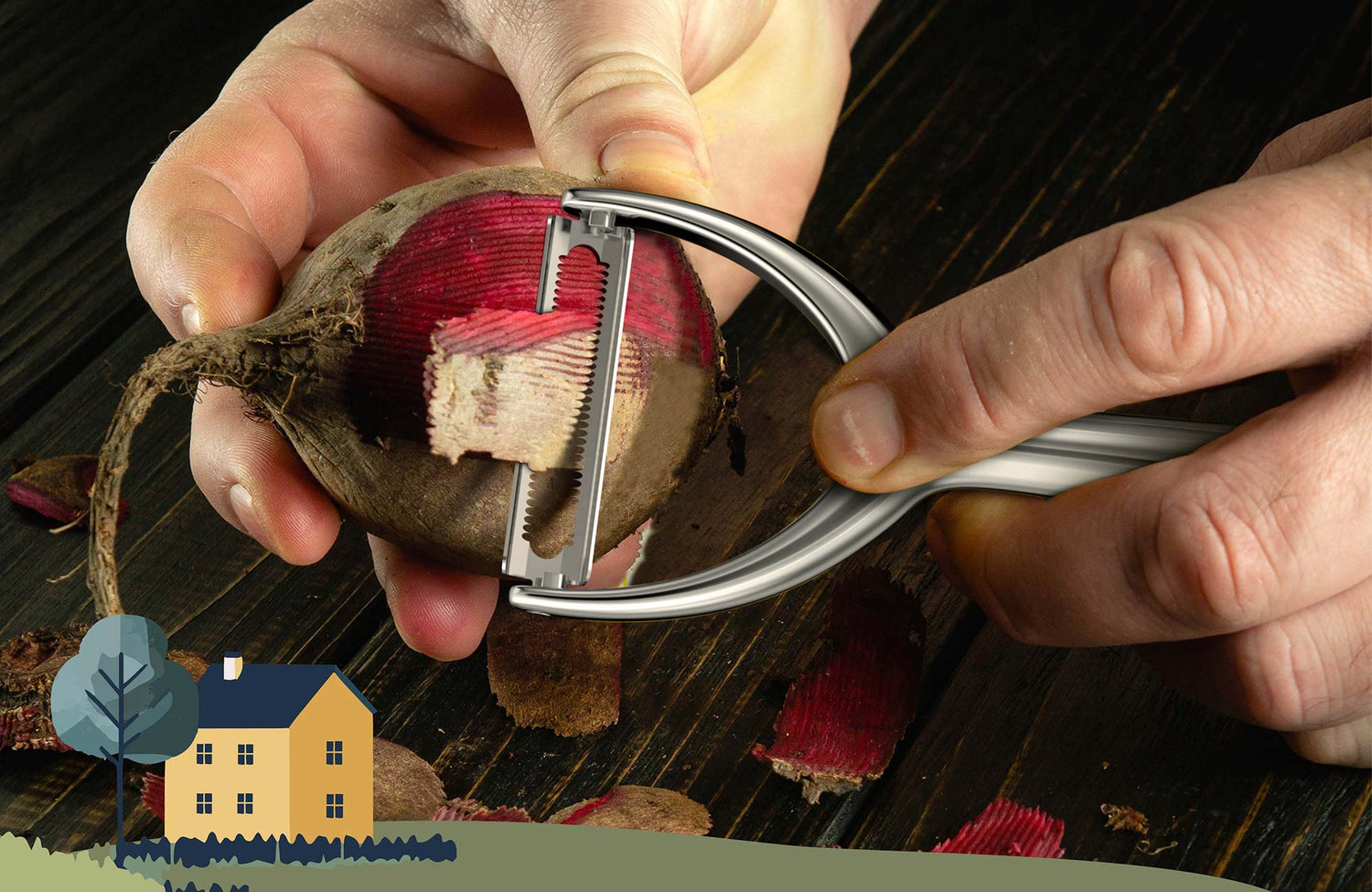 Sparschäler von kjøk beim Schälen einer roten Bete – ergonomisch, effizient und ideal für harte Wurzelgemüse