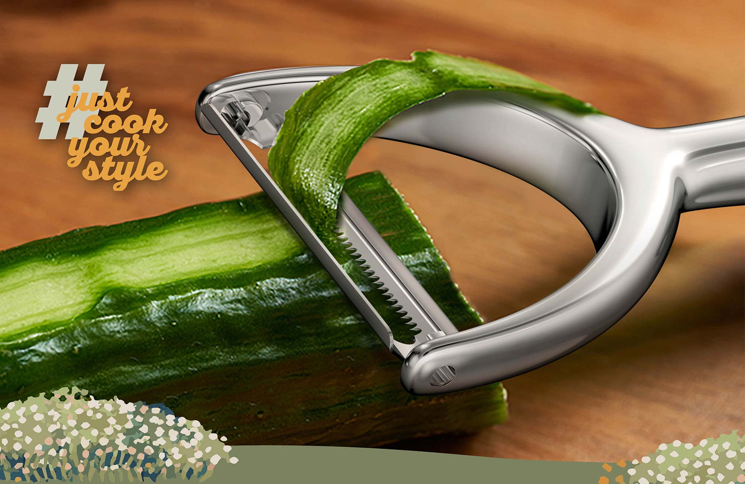 Scharfer Edelstahl-Sparschäler von kjøk beim hauchdünnen Schälen einer Gurke – weniger Abfall, mehr Präzision, stilvoll in skandinavischem Setting