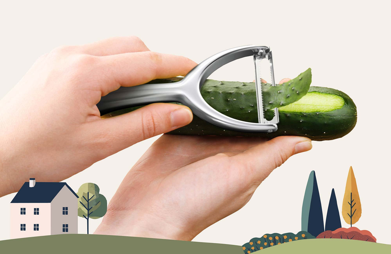 Der kjøk Sparschäler gleitet mühelos über eine Gurke – ideal für Gemüse, Obst, Knollen & Wurzeln