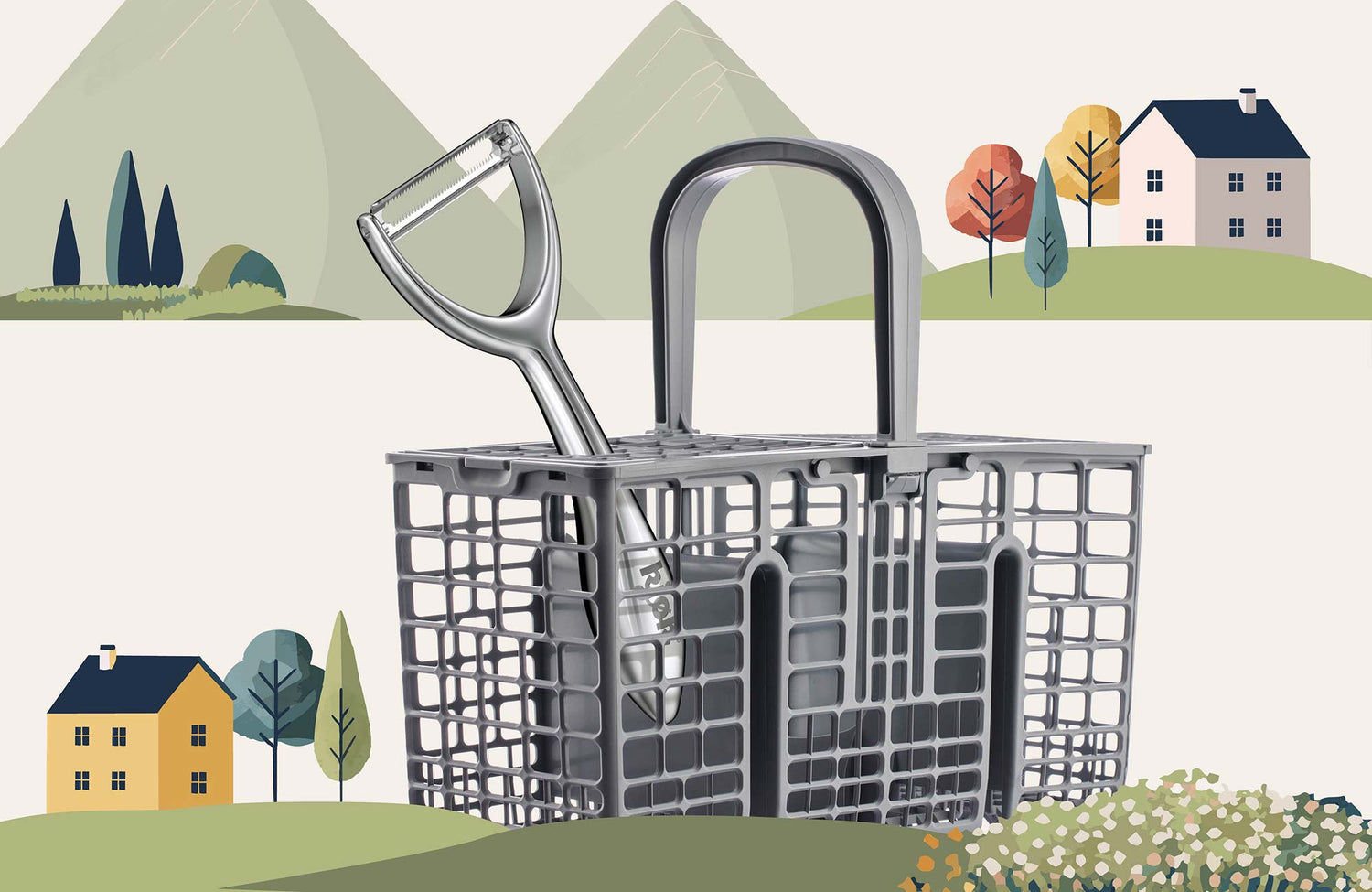 Der kjøk Sparschäler im Besteckkorb einer Spülmaschine – pflegeleicht, spülmaschinengeeignet und einfach zu reinigen