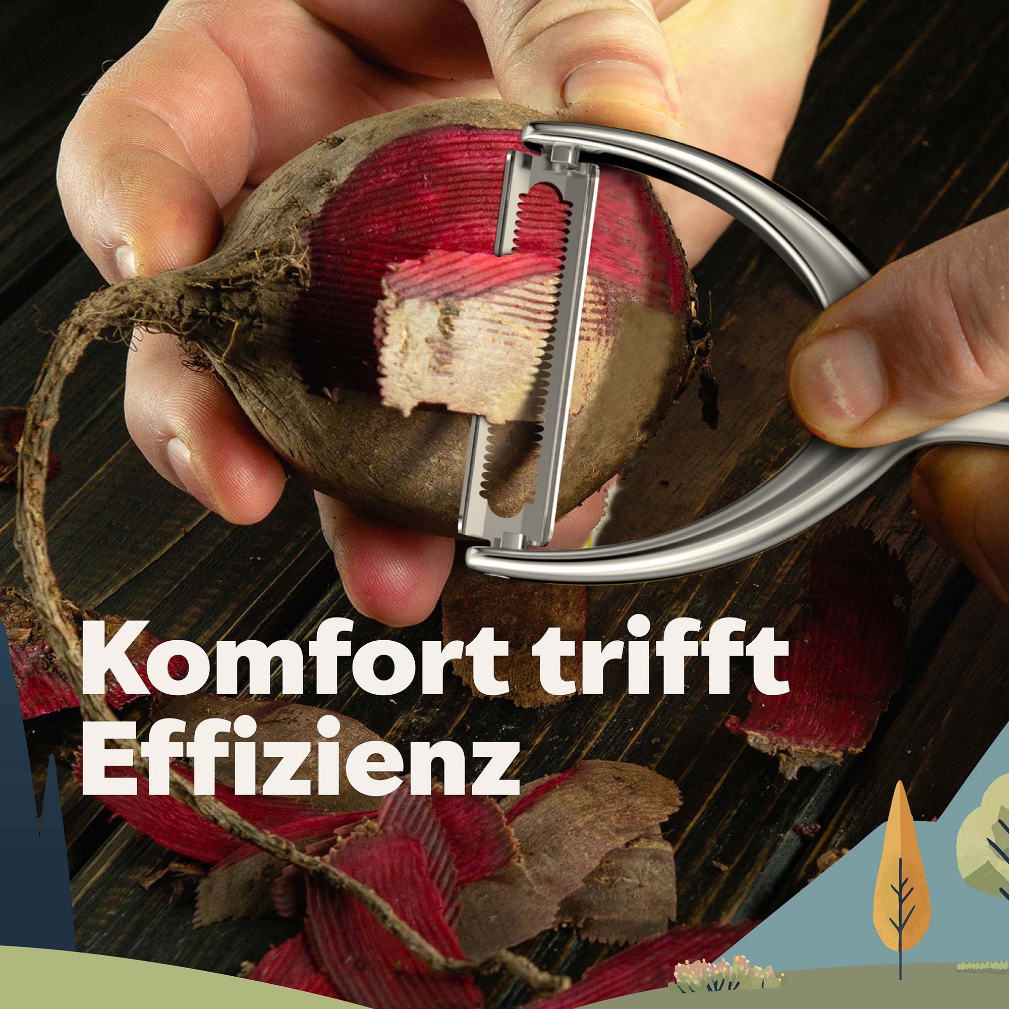Sparschäler von kjøk beim Schälen einer roten Bete – ergonomisch, effizient und ideal für harte Wurzelgemüse