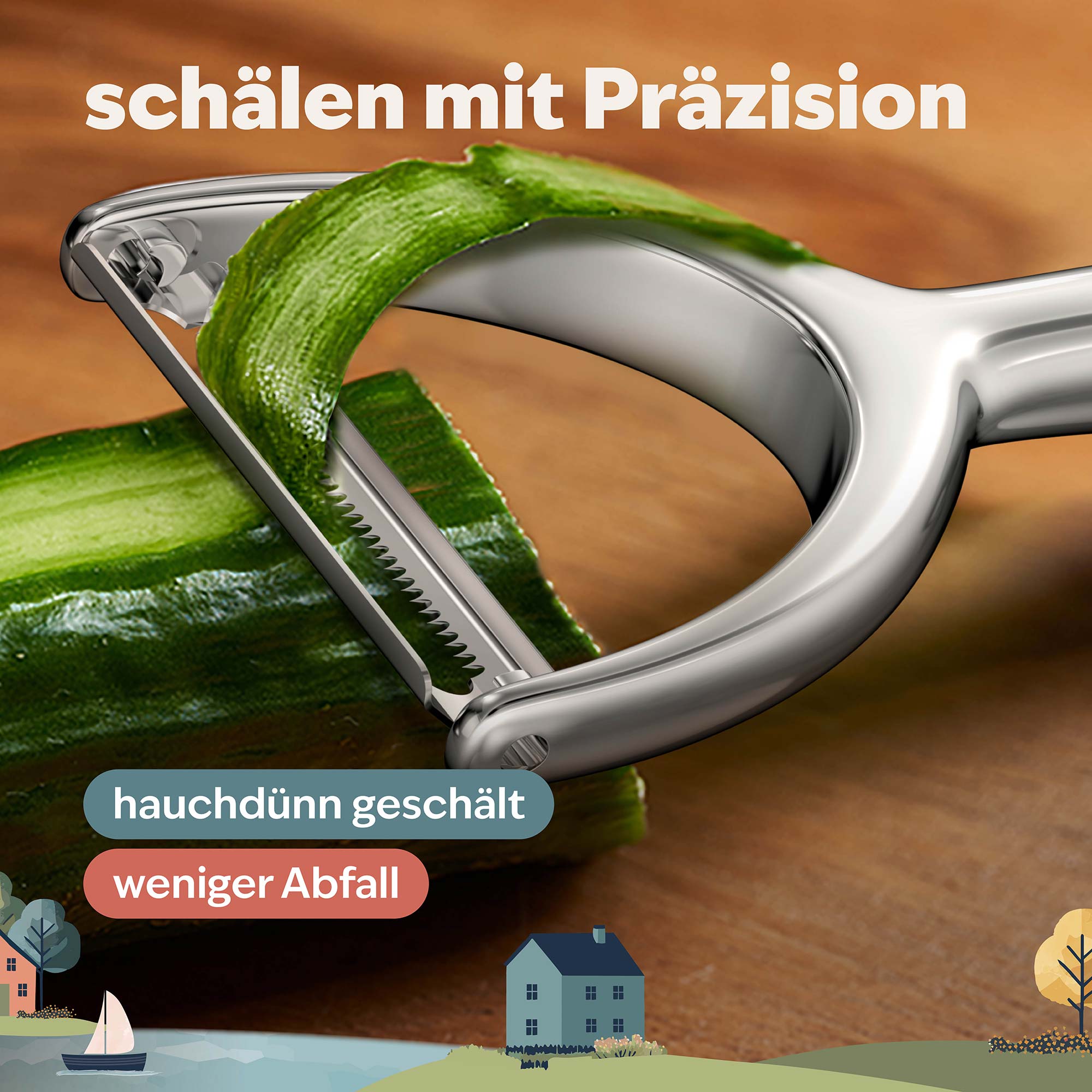 Scharfer Edelstahl-Sparschäler von kjøk beim hauchdünnen Schälen einer Gurke – weniger Abfall, mehr Präzision, stilvoll in skandinavischem Setting