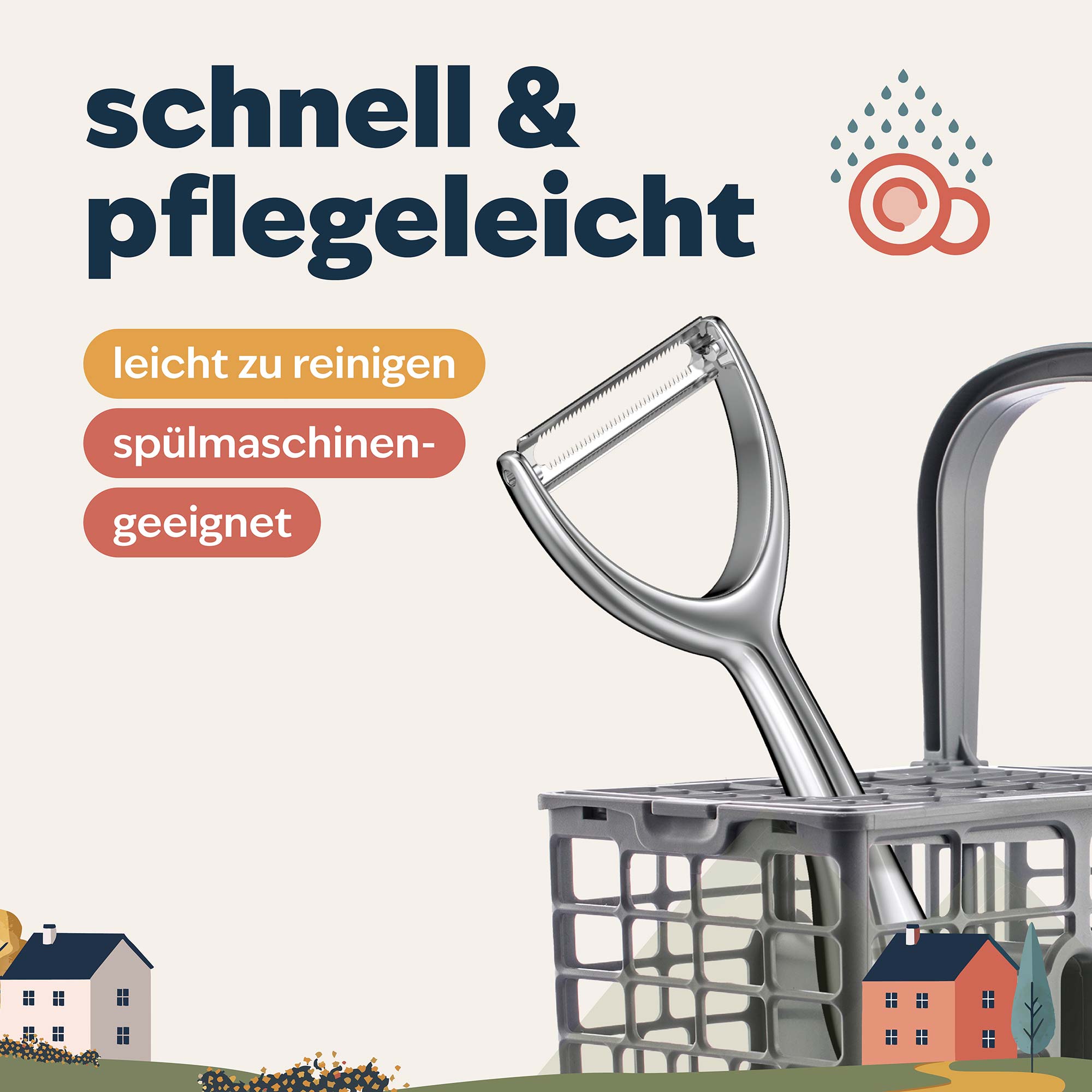 Der kjøk Sparschäler im Besteckkorb einer Spülmaschine – pflegeleicht, spülmaschinengeeignet und einfach zu reinigen