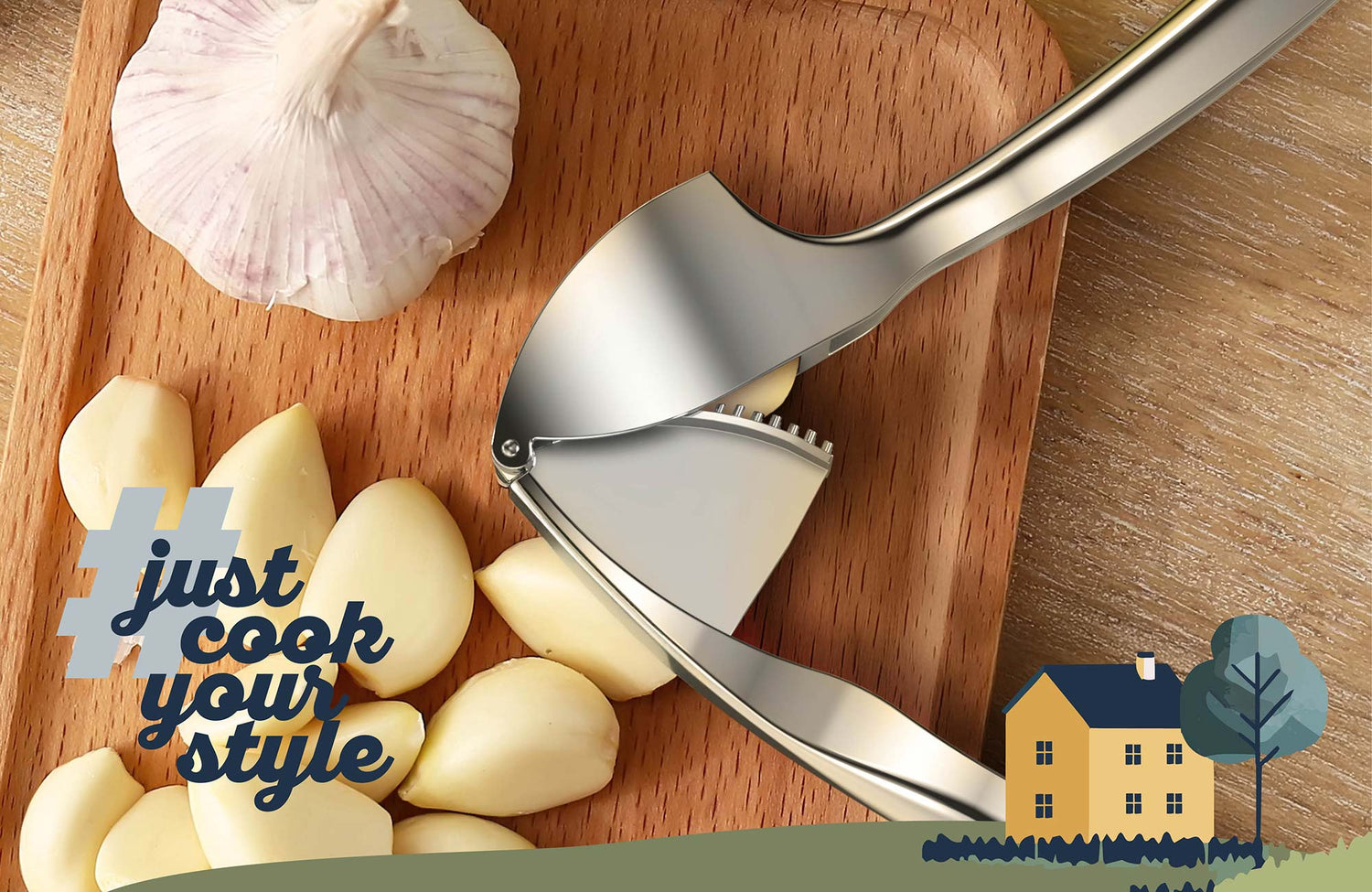 Silberne Knoblauchpresse auf Holzbrett mit frischem Knoblauch und skandinavischem Design-Element