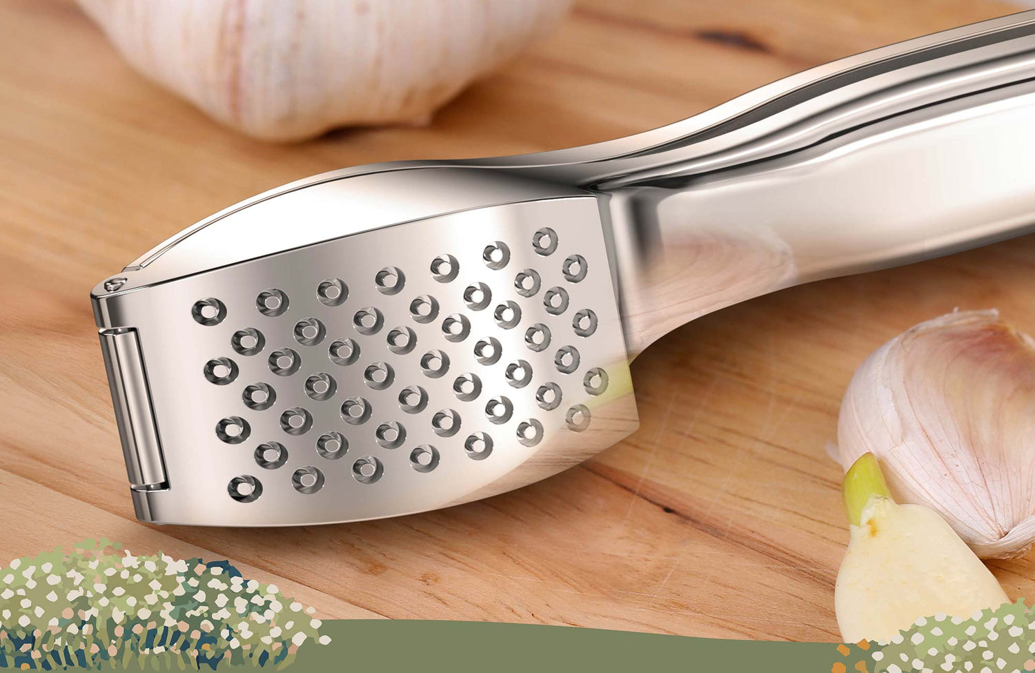 Knoblauchpresse von kjøk in Nahaufnahme auf Holzbrett mit frischen Knoblauchzehen