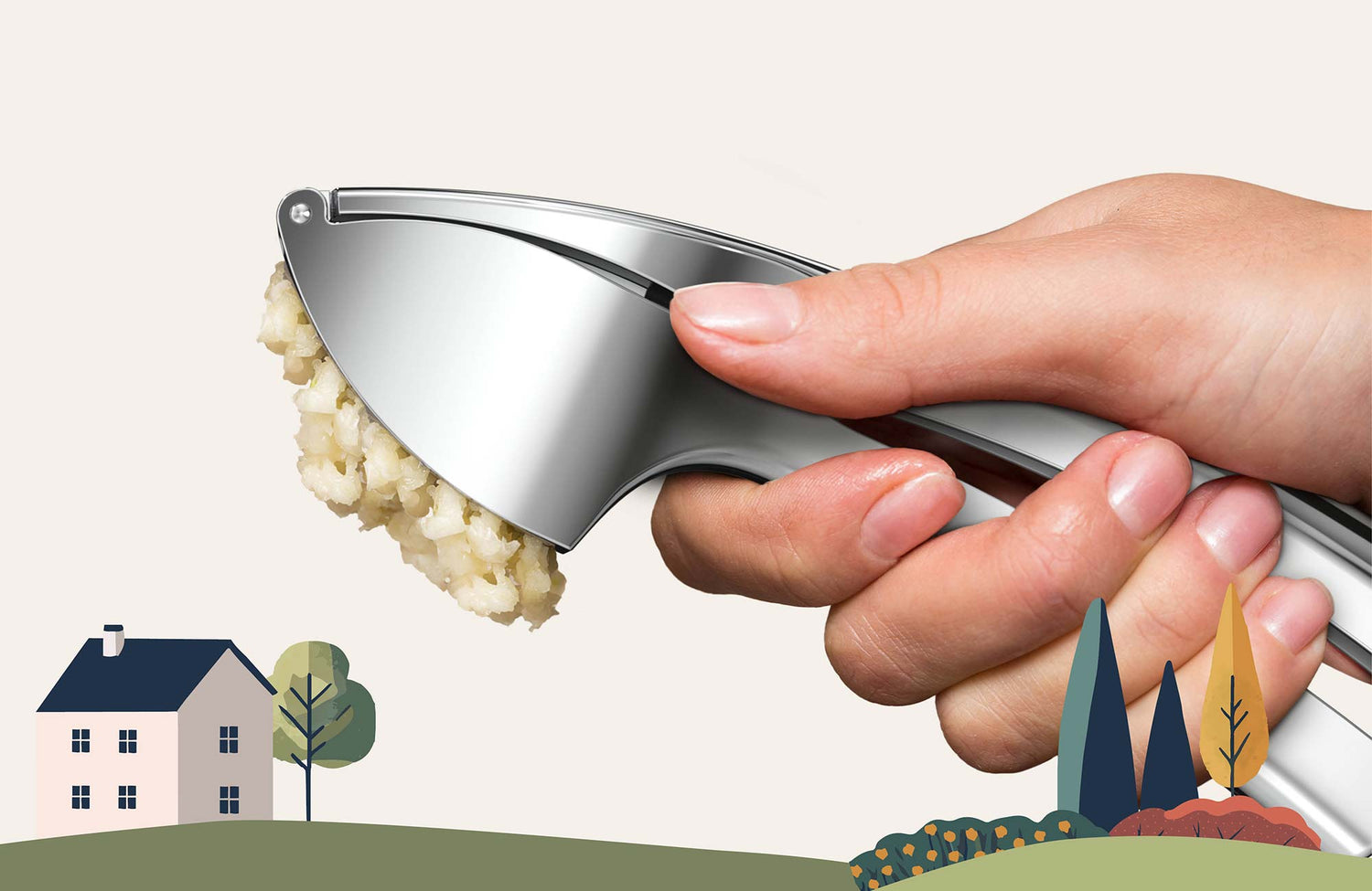 Hand drückt frischen Knoblauch durch silberne Knoblauchpresse von kjøk vor hellem Hintergrund mit skandinavischer Illustration