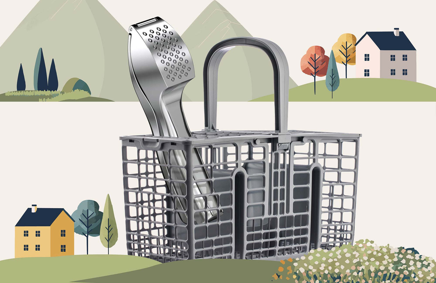 Silberne Knoblauchpresse im Geschirrkorb vor skandinavischem Landschaftshintergrund