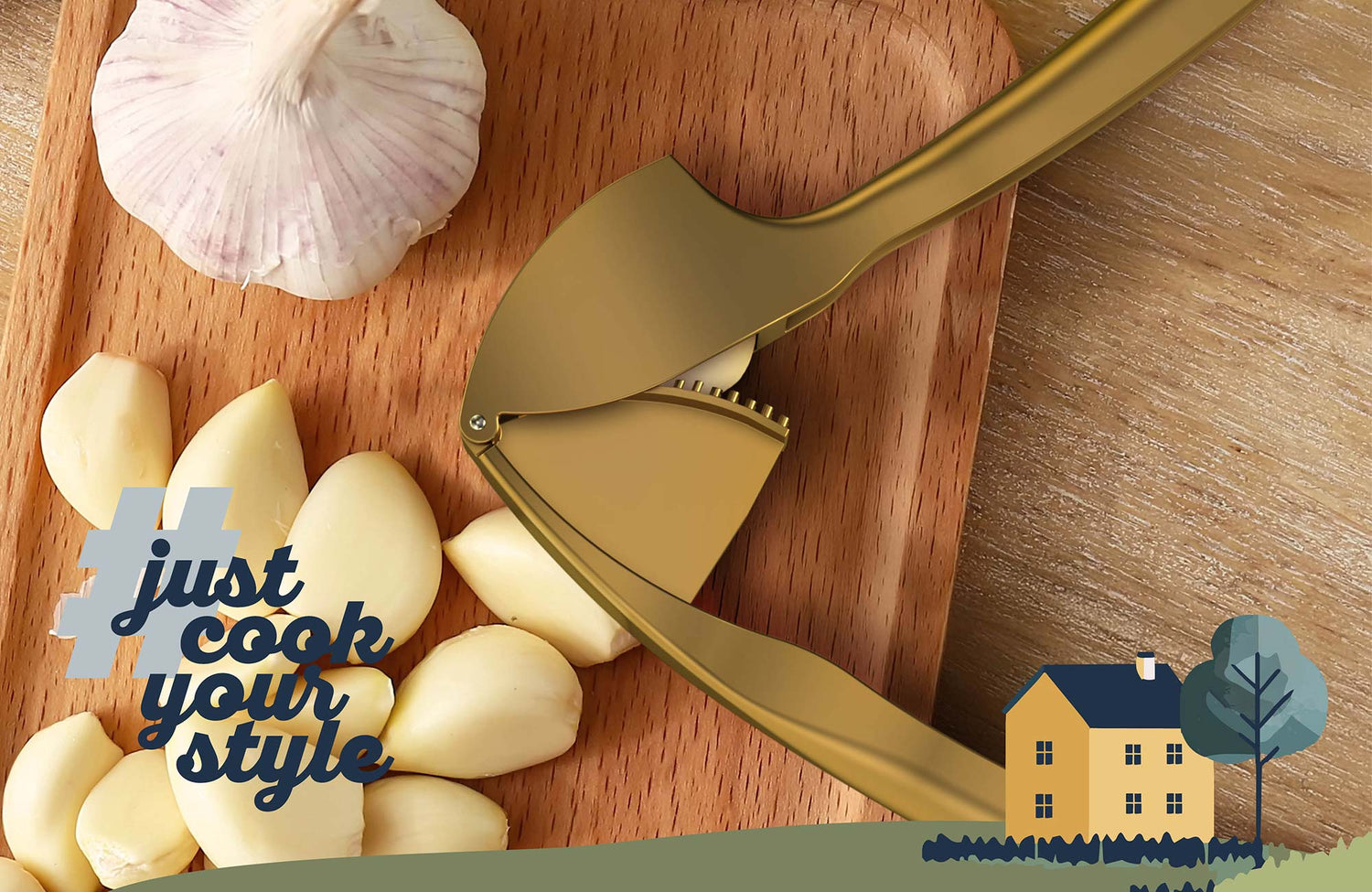 Goldene Knoblauchpresse auf Holzbrett mit frischem Knoblauch, stilvolles Küchenzubehör im skandinavischen Design, langlebig und einfach zu reinigen