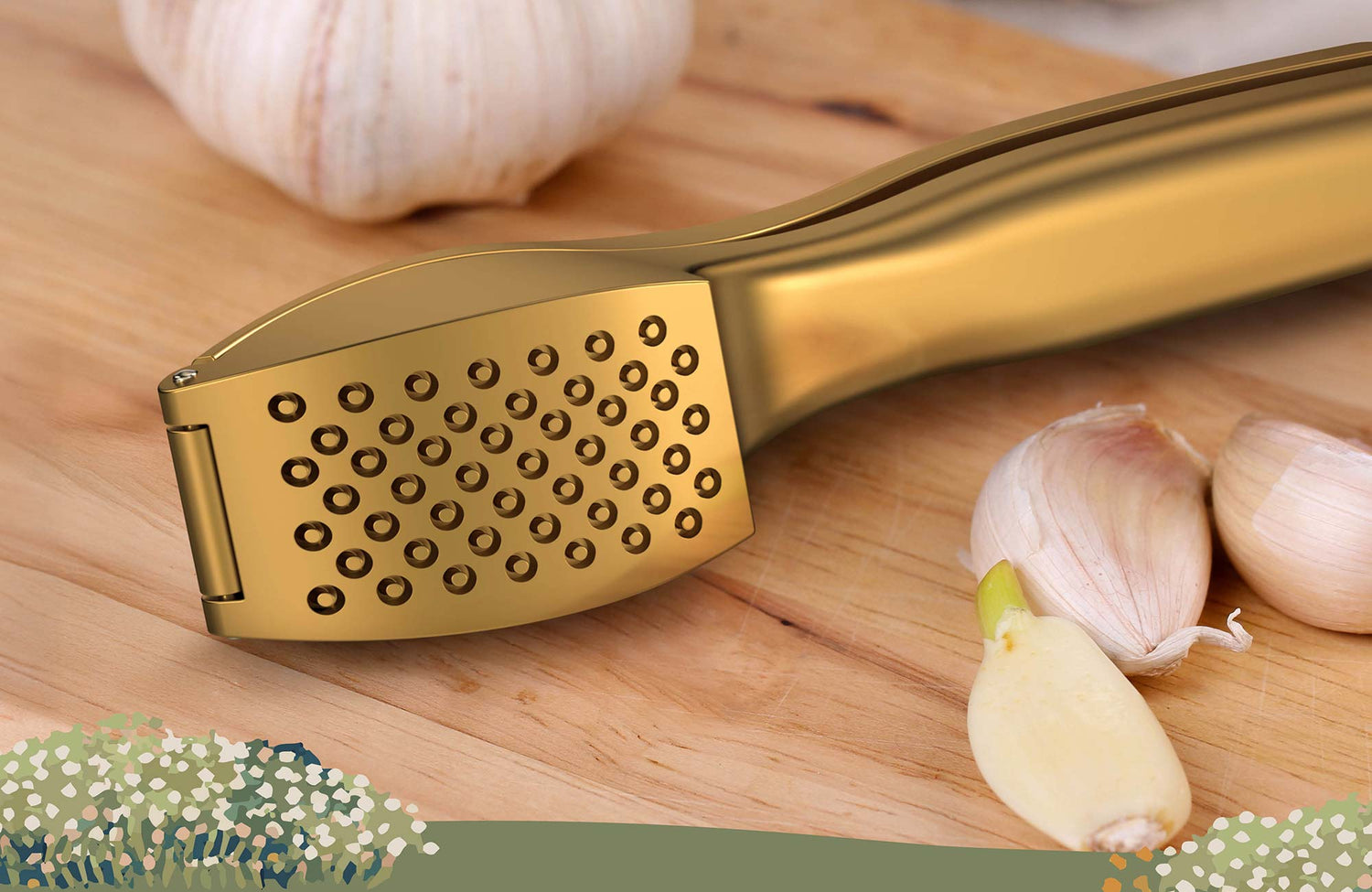 Goldene Knoblauchpresse von kjøk auf Holzbrett mit frischen Knoblauchzehen – elegantes Küchenwerkzeug für aromatische Geschmackserlebnisse. Robust, pflegeleicht und im nordischen Design für deine Küche.