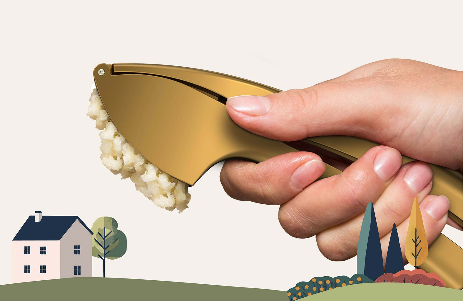 Hand drückt frischen Knoblauch durch die goldene kjøk Knoblauchpresse – müheloses Pressen für intensiven Geschmack in deiner Küche. Ergonomisch, kraftsparend und stylisch im skandinavischen Design.