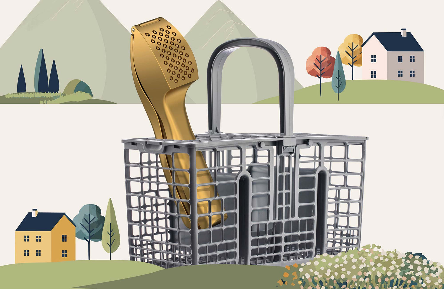 Goldene Knoblauchpresse von kjøk im Besteckkorb der Spülmaschine – stilvoll, hygienisch und spülmaschinengeeignet, für stressfreies Kochen in deiner hyggeligen Küche.