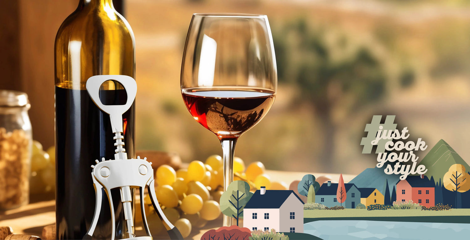 kjøk Korkenzieher mit Flügelmechanik aus Edelstahl neben einer Flasche Rotwein und Weinglas – stilvolles Zubehör für Genießer