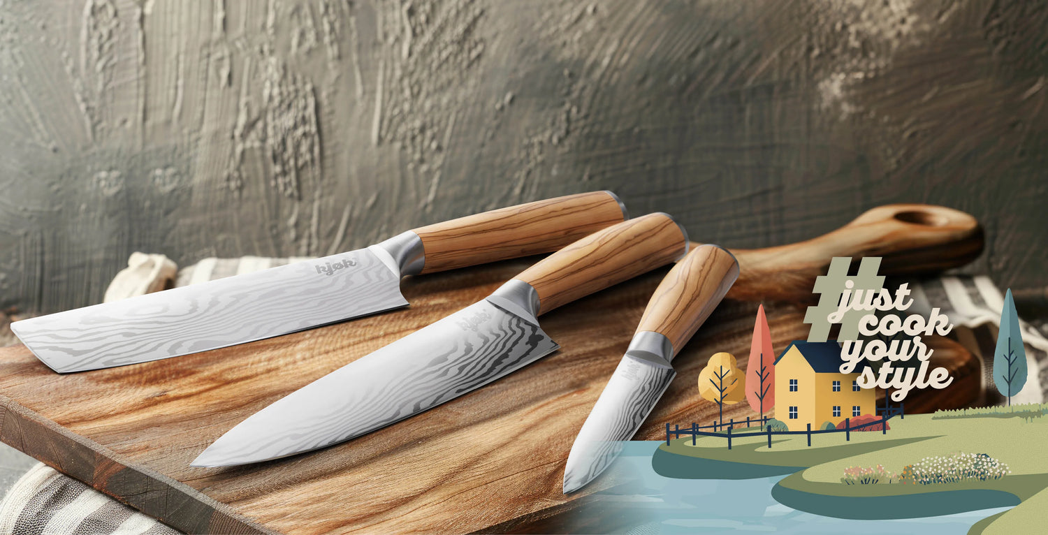 Exklusive Küchenmesser mit edlem ergonomischem Olivenholzgriff auf einem rustikalen Holzbrett – stilvolles Design für präzises Schneiden in der modernen Küche.