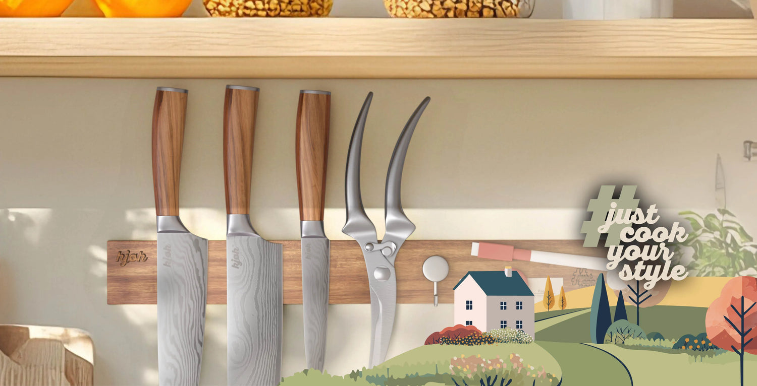kjøk Messer-Set und Geflügelschere mit Olivenholzgriff an magnetischer Messerleiste aus Holz – stilvolle Küchenorganisation mit Qualität und Design