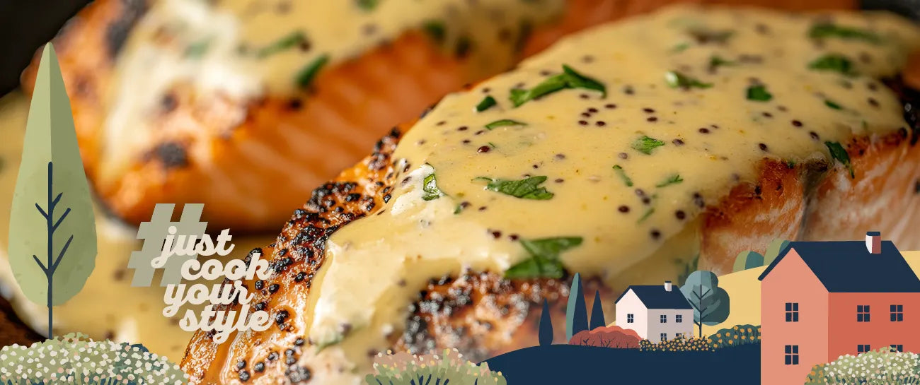 Lachs mit cremiger Senfsoße und grobem Pfeffer, serviert in Nahaufnahme