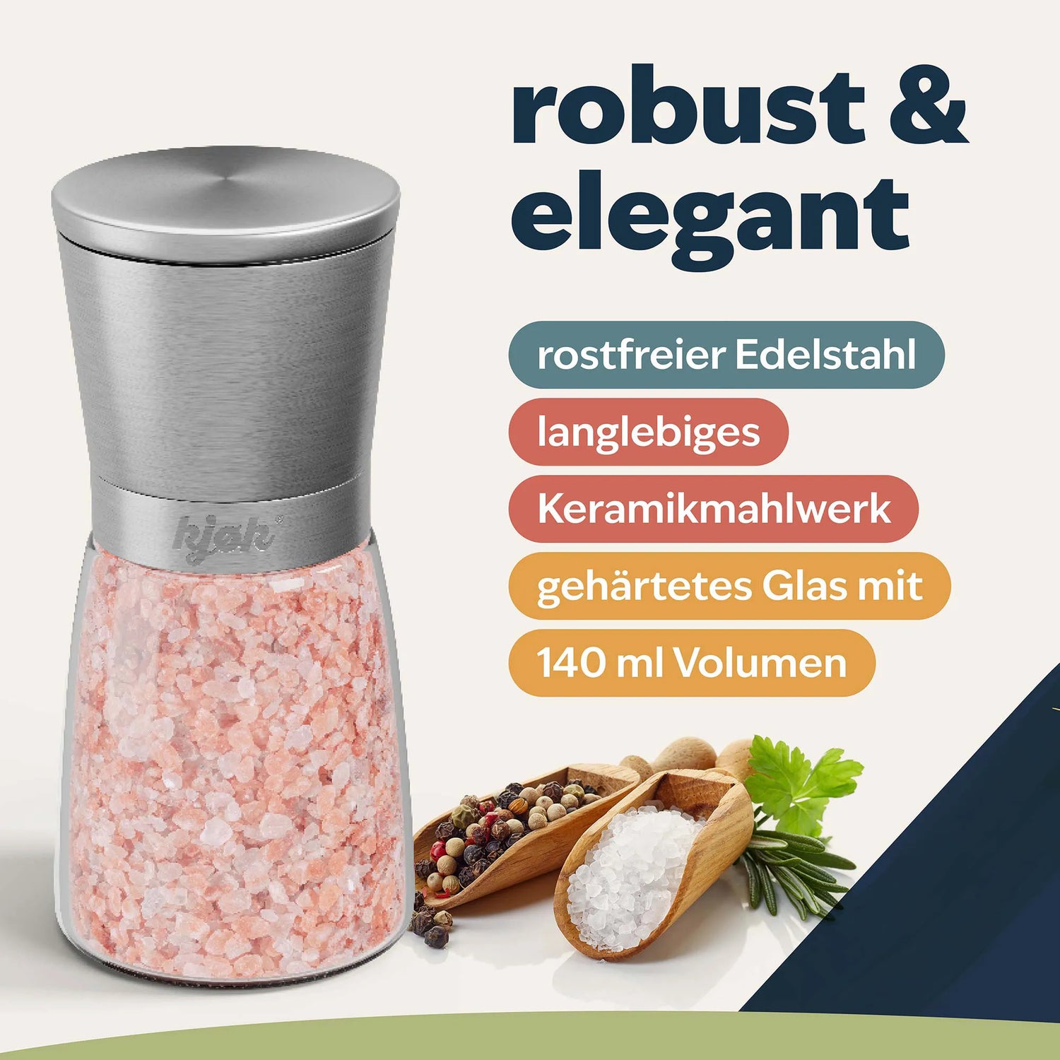 Keramikmahlwerk und Aromaschutzdeckel einer Salz- und Pfeffermühle aus Edelstahl