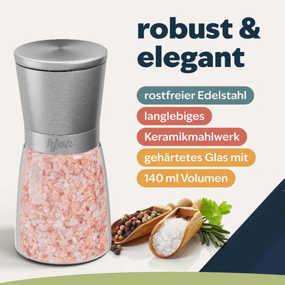 Keramikmahlwerk und Aromaschutzdeckel einer Salz- und Pfeffermühle aus Edelstahl