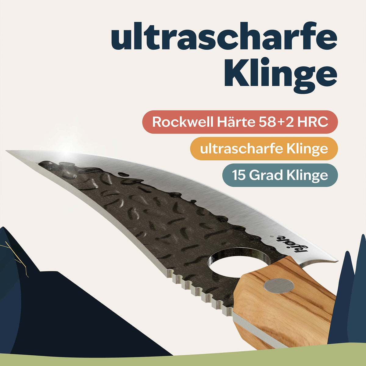 Messer mit scharfer Klinge, Härte 58±2 HRC und 15-Grad-Schliff