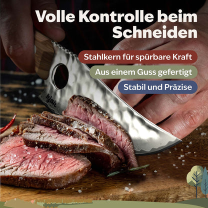 Damastmesser schneidet Steak – stabile AUS-10 Klinge mit Olivenholzgriff für volle Kontrolle