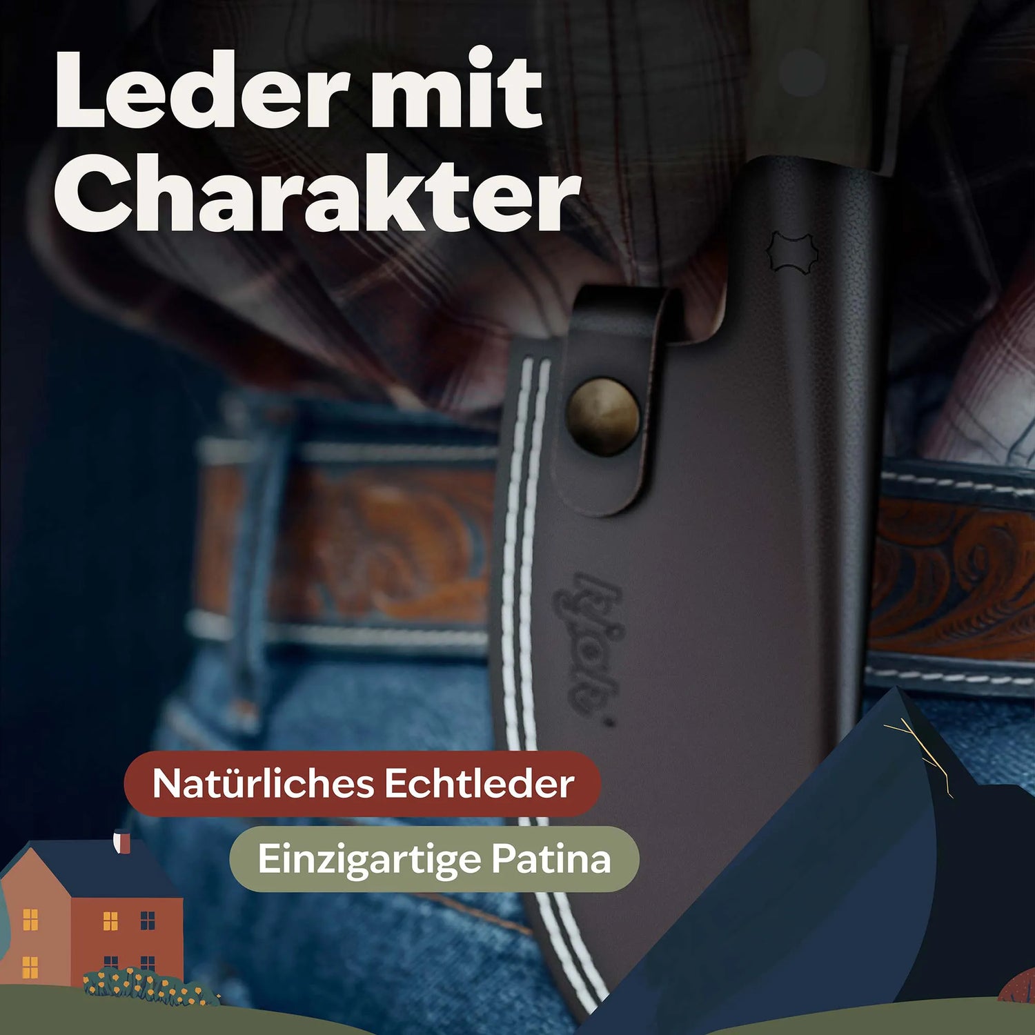 Detailansicht des Messer Lederetuis mit stabiler Lederstruktur