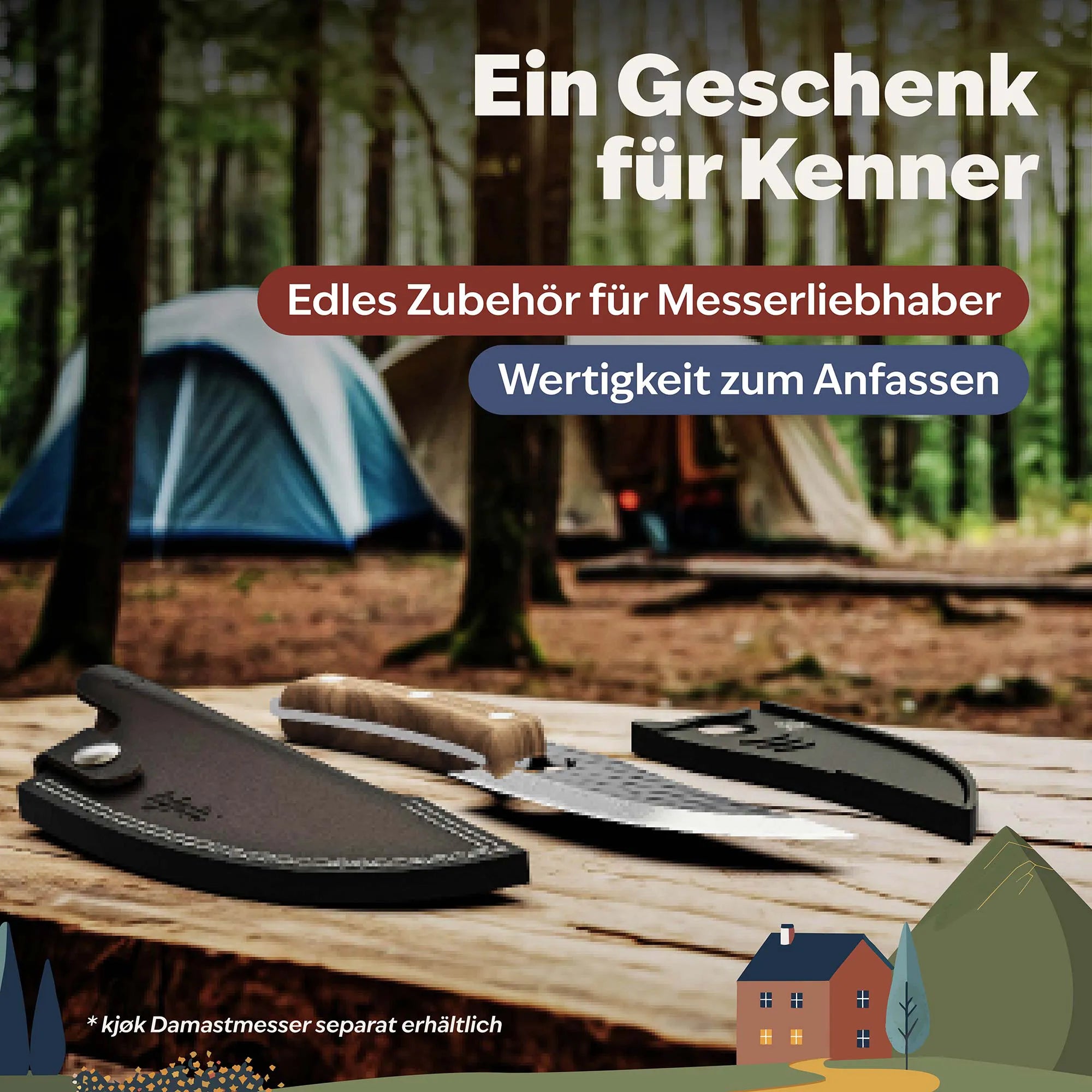 Messer sicher im Lederetui verstaut beim Camping und Grillen im Freien