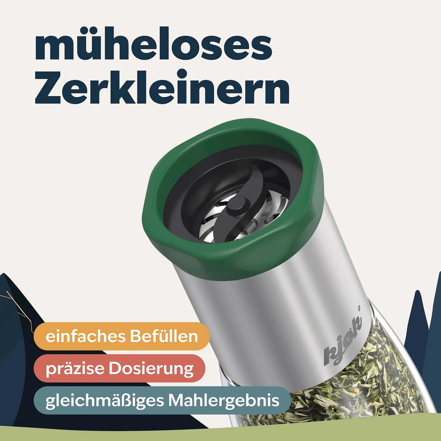 Detailansicht der Kräutermühle mit Edelstahl-Schneidewerk beim mühelosen Zerkleinern getrockneter Kräuter
