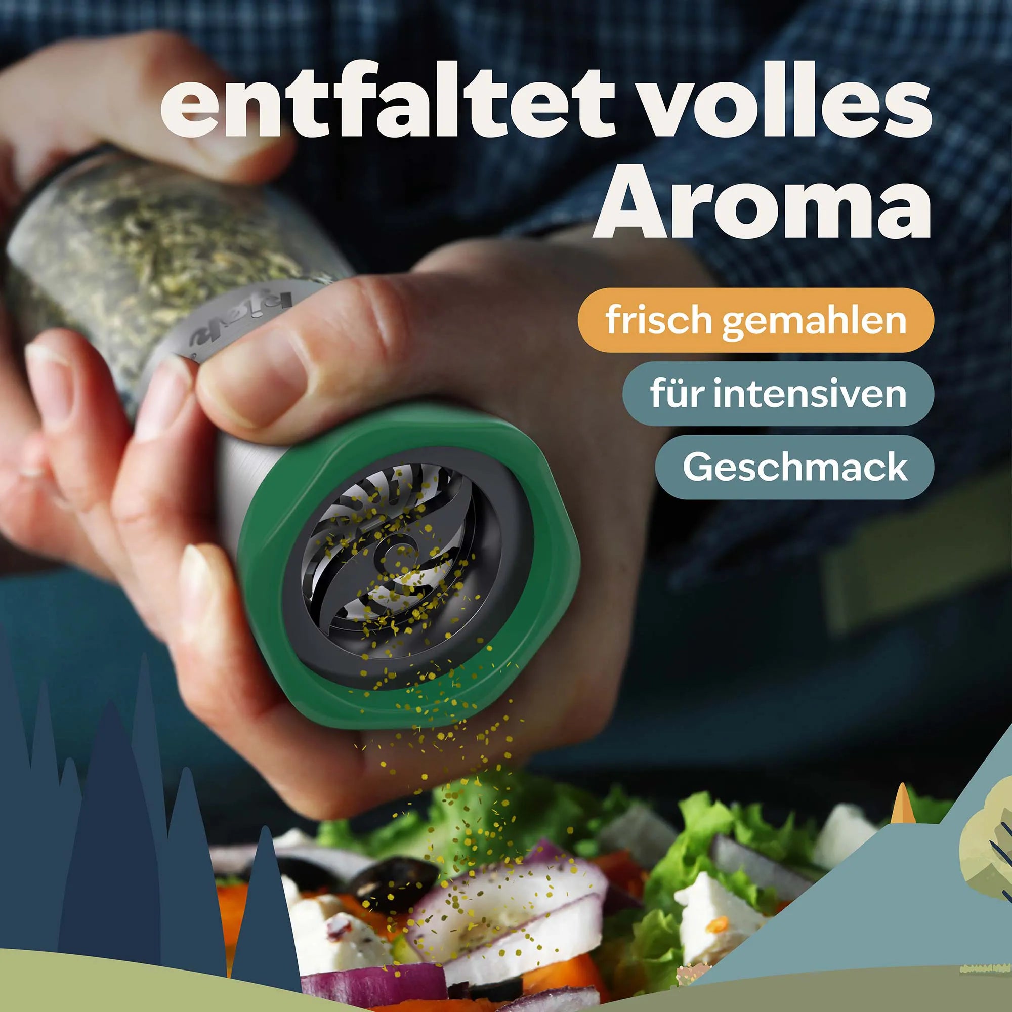 Hände würzen ein Gericht mit der Kräutermühle, frische Aromen durch fein zerkleinerte Kräuter