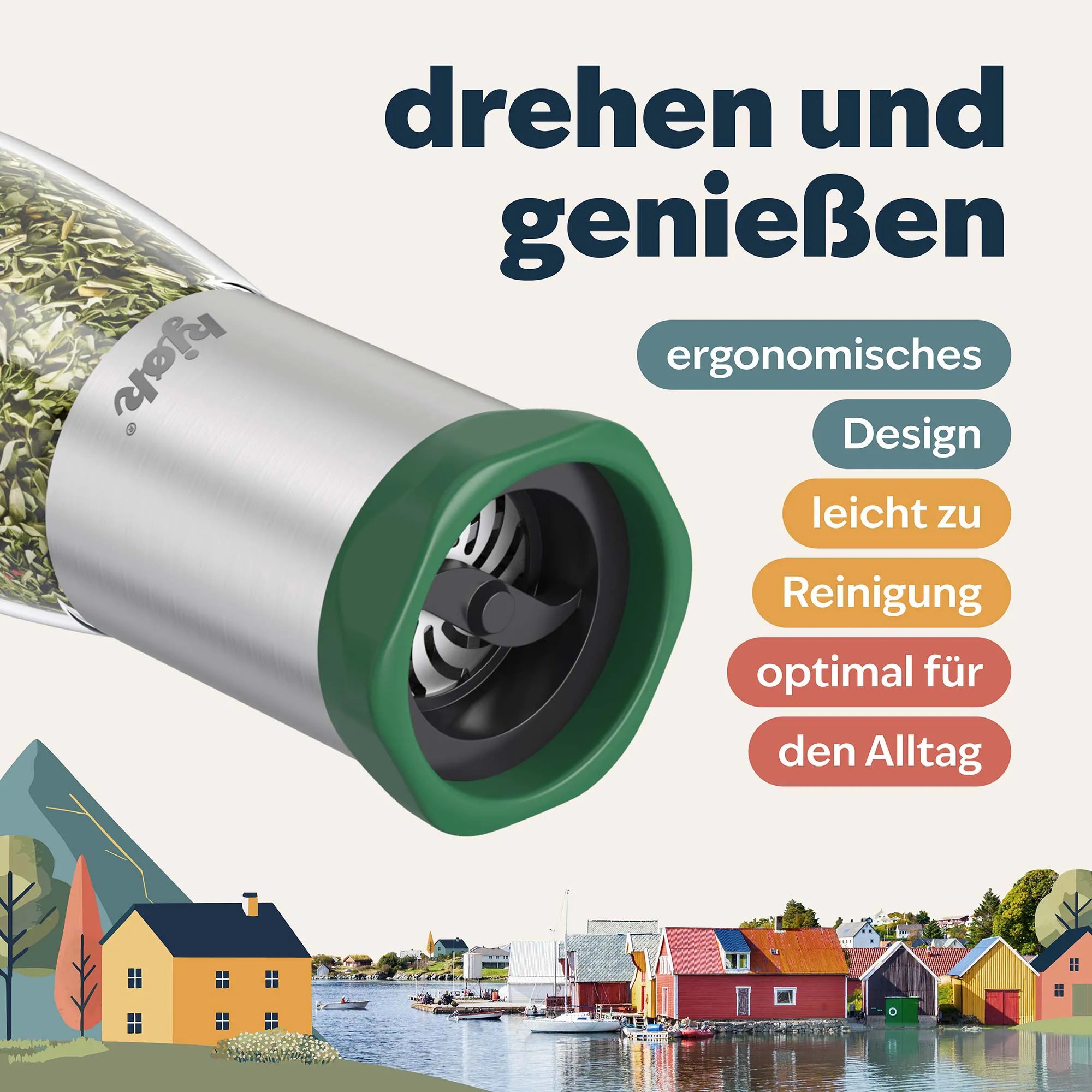 Kräutermühle beim Würzen von Speisen, einfaches Drehen für präzise Dosierung von Kräutern