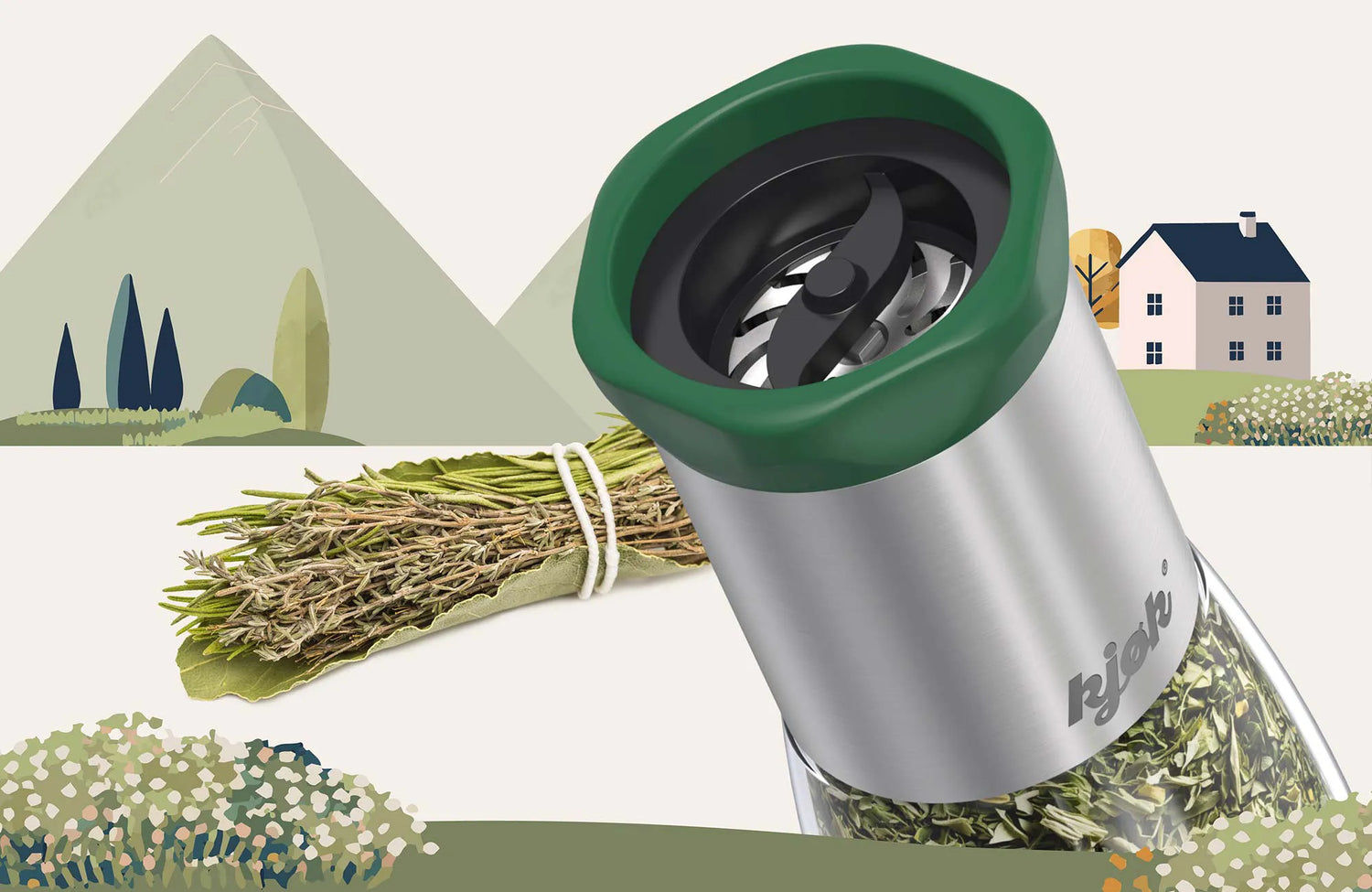 Detailansicht der Kräutermühle mit Edelstahl-Schneidewerk und grünem Ring beim Zerkleinern von Kräutern