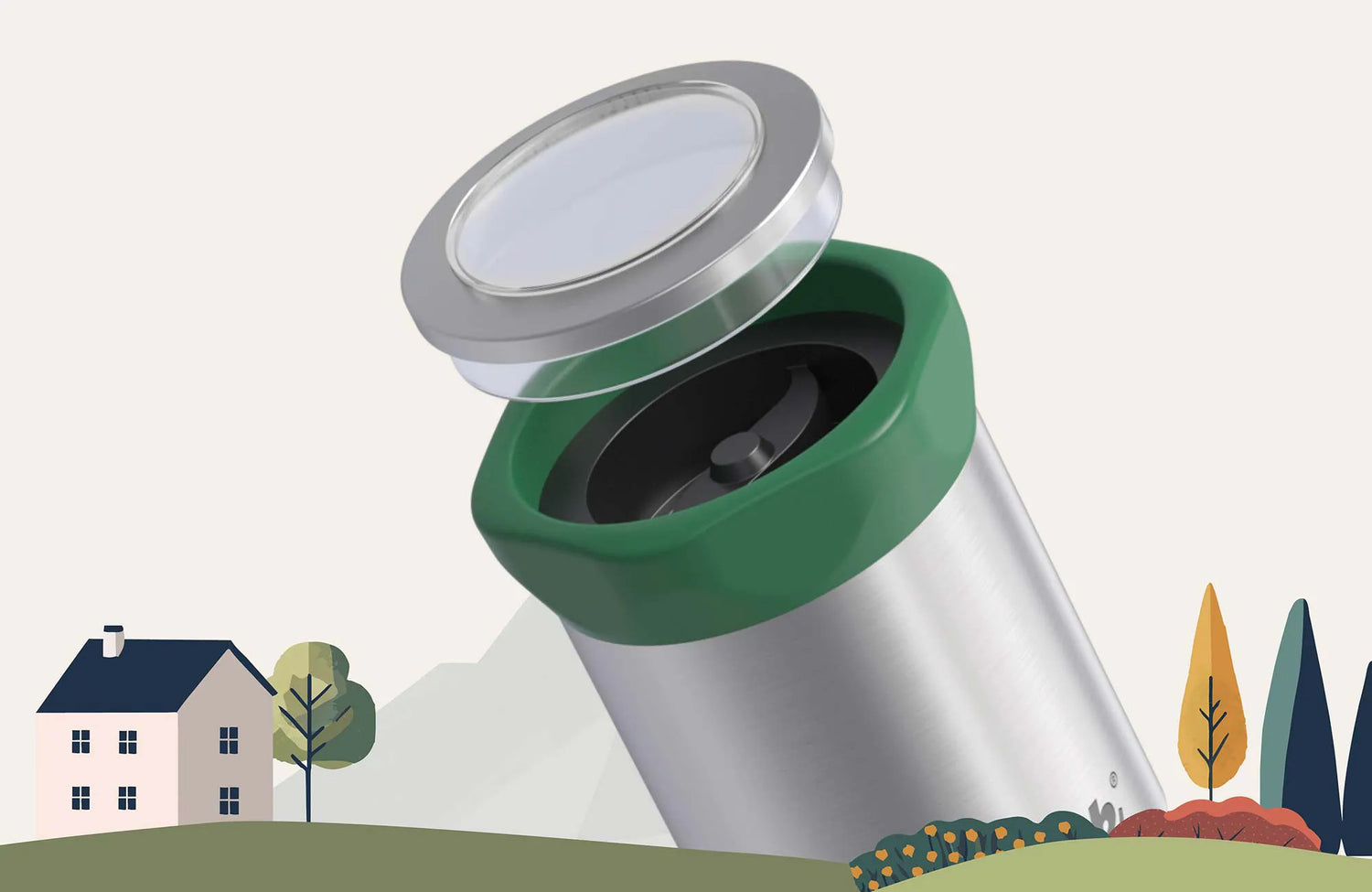 Kräutermühle aus Glas und Edelstahl in moderner Küche, sichtbar gefüllt mit getrockneten Kräutern