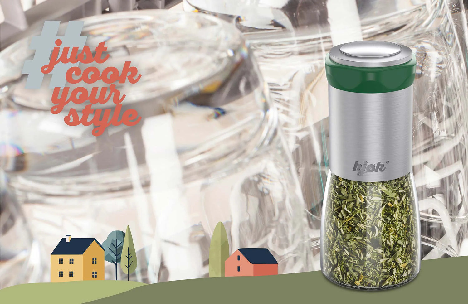 Kräutermühle mit Aromaschutz-Deckel auf Küchentisch, stilvolles Küchenaccessoire für Kräuter und Gewürze