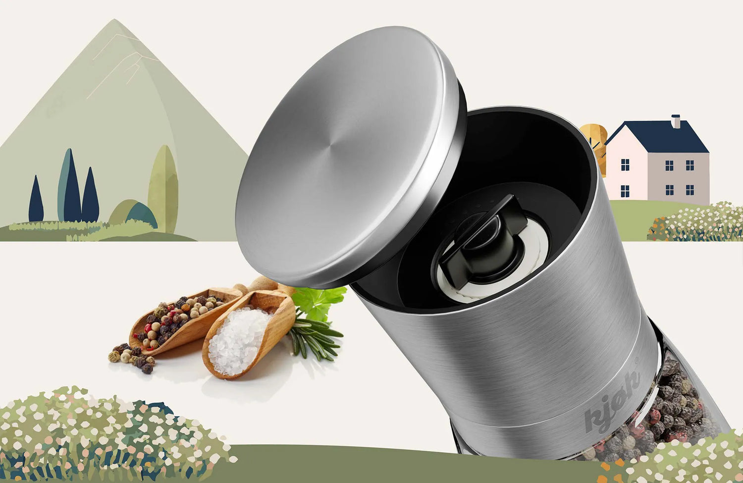 Aromaschutzdeckel einer Salz- und Pfeffermühle aus Edelstahl in geöffneter Ansicht