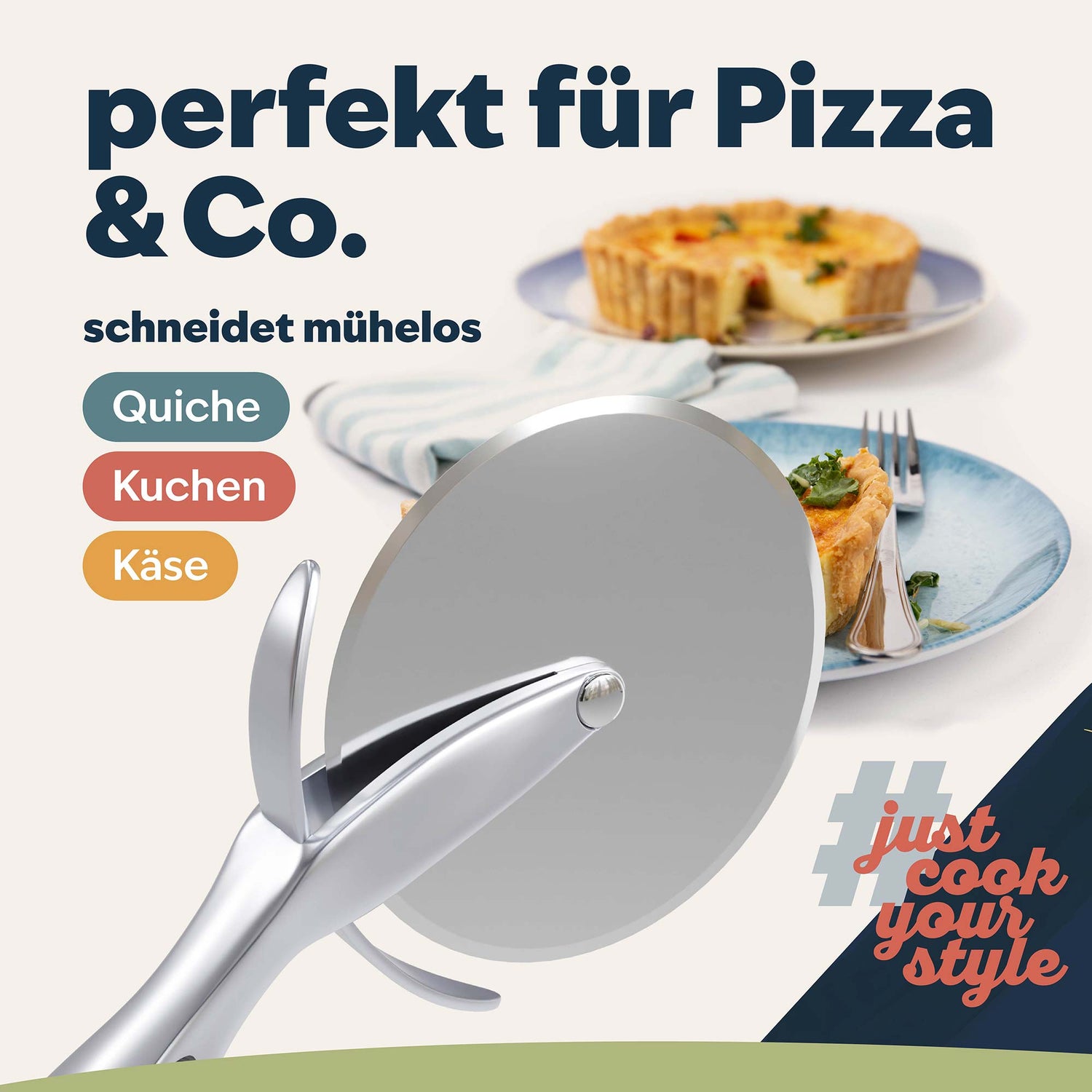 Pizzaschneider schneidet mühelos auch Quiche und Kuchen