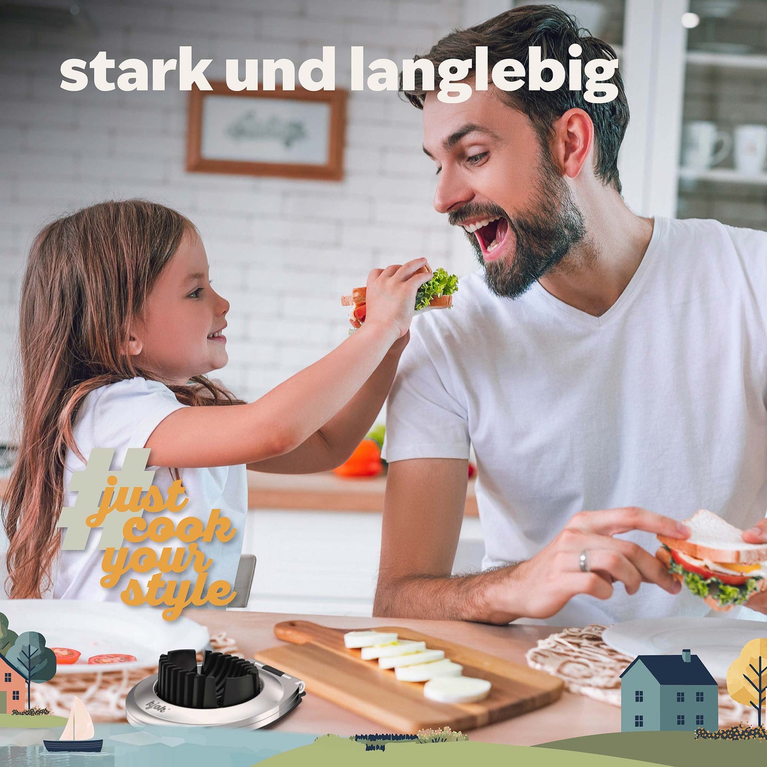 Vater und Tochter teilen sich Eiersandwich