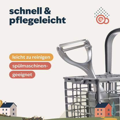 Edelstahl-Sparschäler-Set in der Küche – leicht zu reinigen, hygienisch und spülmaschinengeeignet