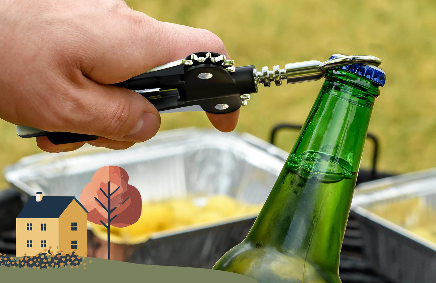 Flügelkorkenzieher öffnet Bierflasche mit Kronkorken